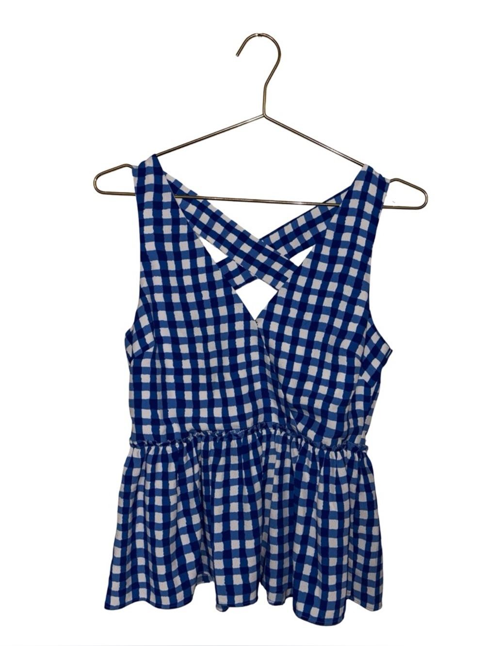 Skies Are Blue White & Blue Gingham Crisscross Peplum Tank Size XS P2P 18”